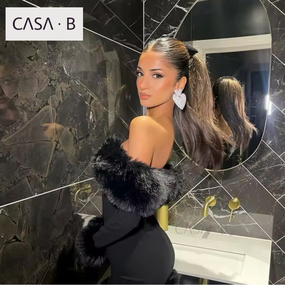 SOON💫 to CASA B | Diana Luxe Off-Shoulder Faux Fur Black Cocktail Mini Dress